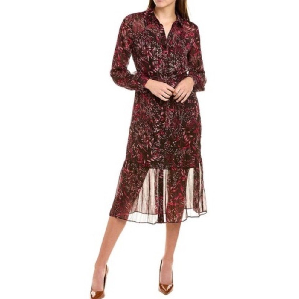 Nanette Lepore Baez Burgundy Floral Sheer Midi‎ Dress Size 10 Tie Waist NWT